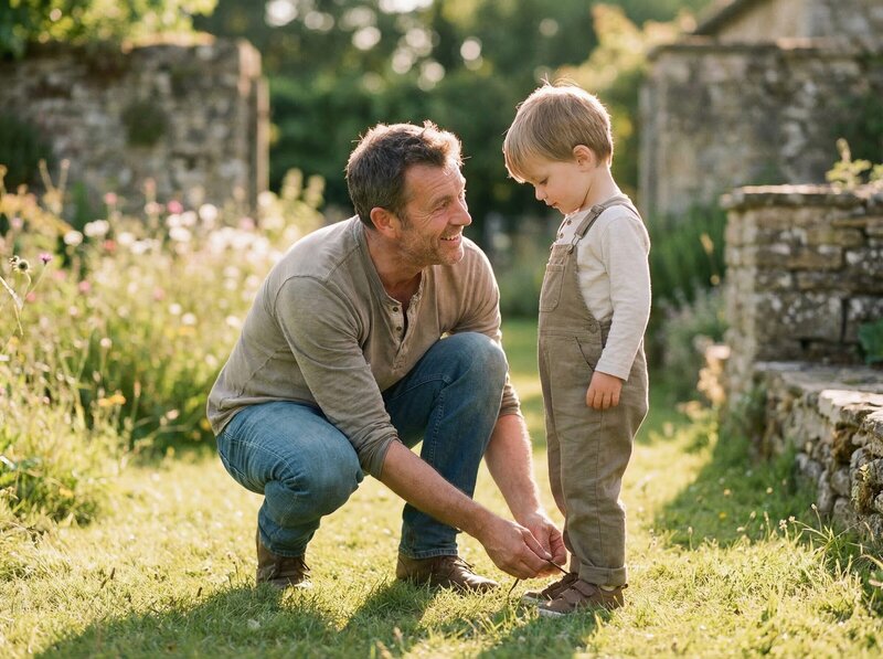 Father crouching to tie child shoes in garden
