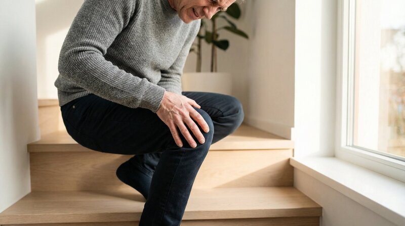 Man pausing on stairs with hand on knee