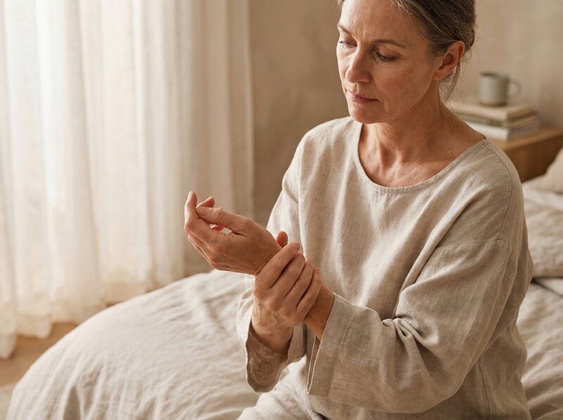 Woman flexing stiff fingers in morning light