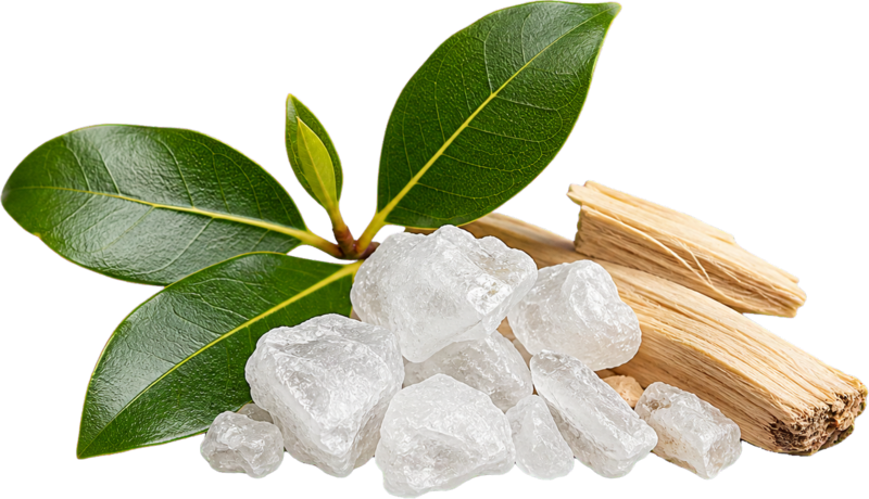 Camphor crystals with camphor laurel leaves